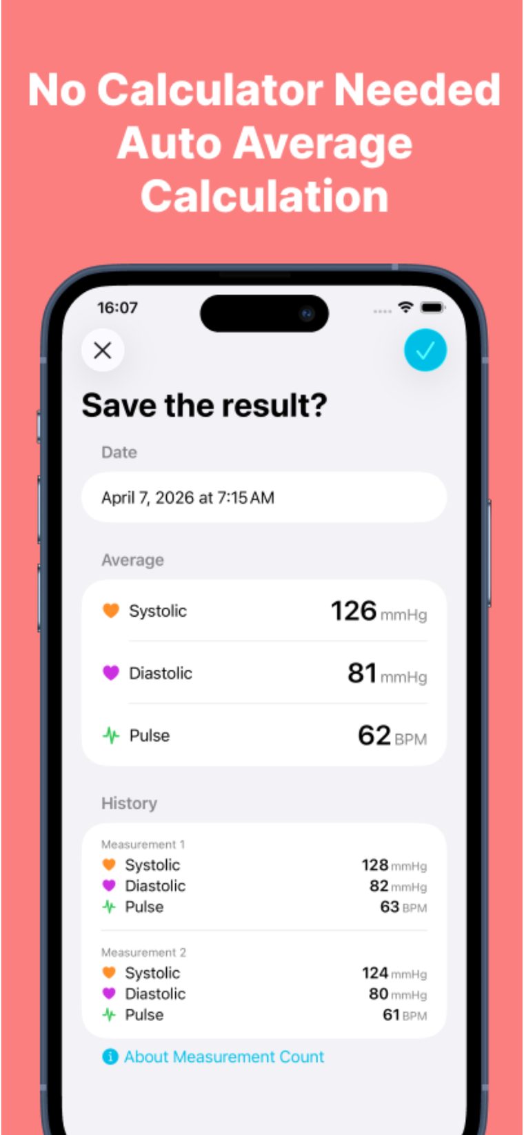 Save screen showing the automatically calculated average of two blood pressure readings with per-reading history