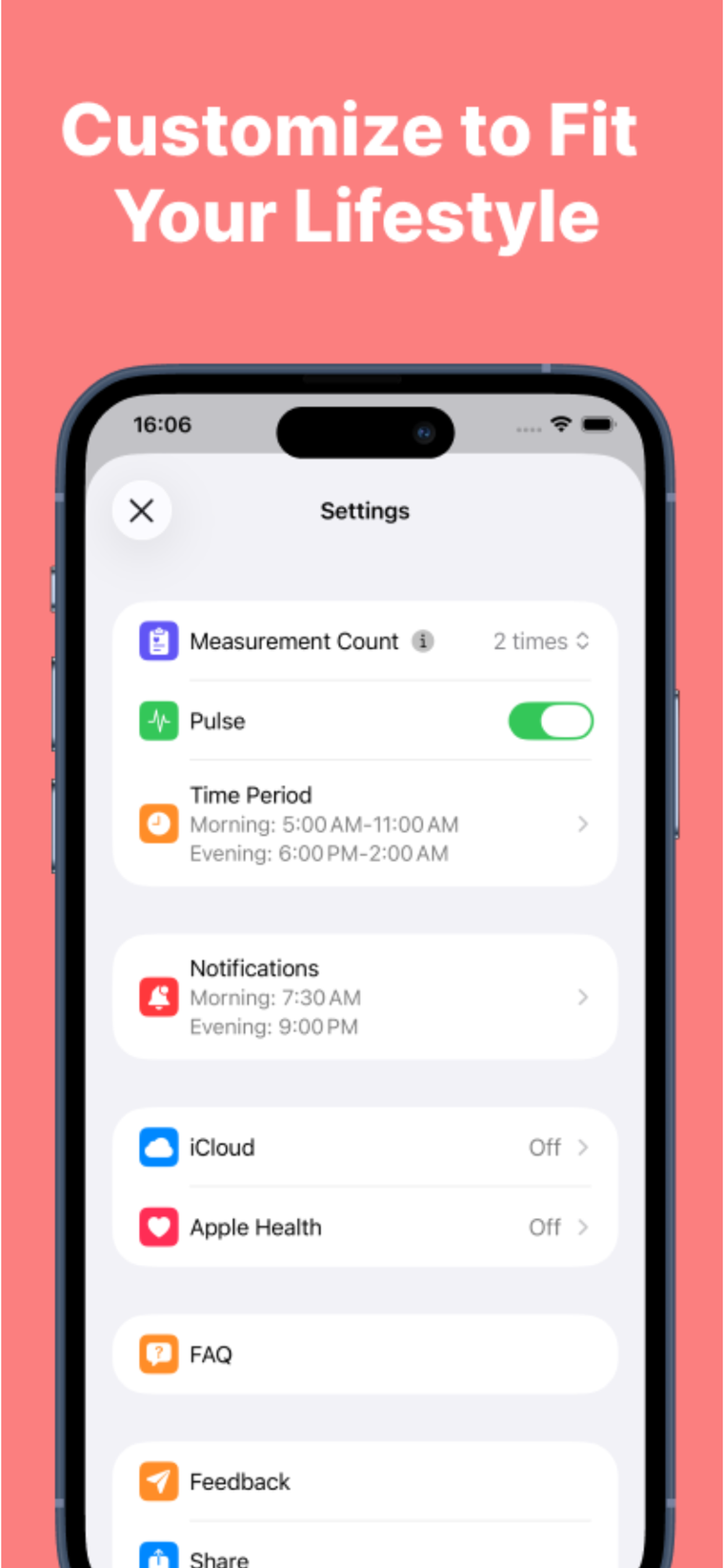 Settings screen with measurement count, pulse toggle, morning and evening time periods, notifications, iCloud and Apple Health